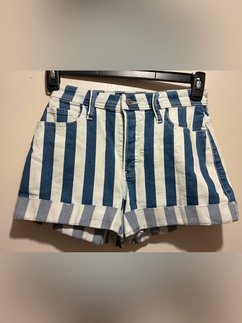Hollister Blue and White Striped Denim Shorts